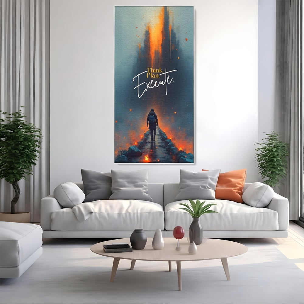 Tablou canvas cu tablou canvas cu calator pe pod, in rama de aluminiu argintiu, pe perete intr-un living